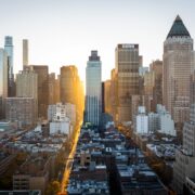 Sunrise over high rise buildings in Manhattan