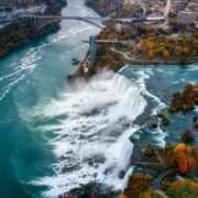 Niagara Falls in autumn with orange trees